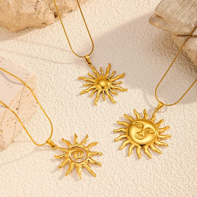 18K Gold Sun Pendant Stainless Steel Necklace