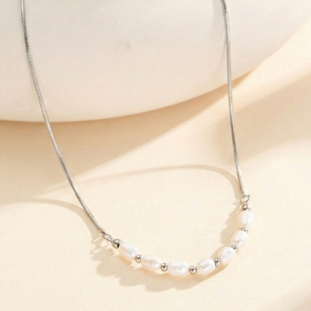 Golden Pearl Harmony Necklace-Natural Freshwater Pearl Stainless Steel Collarbone Chain