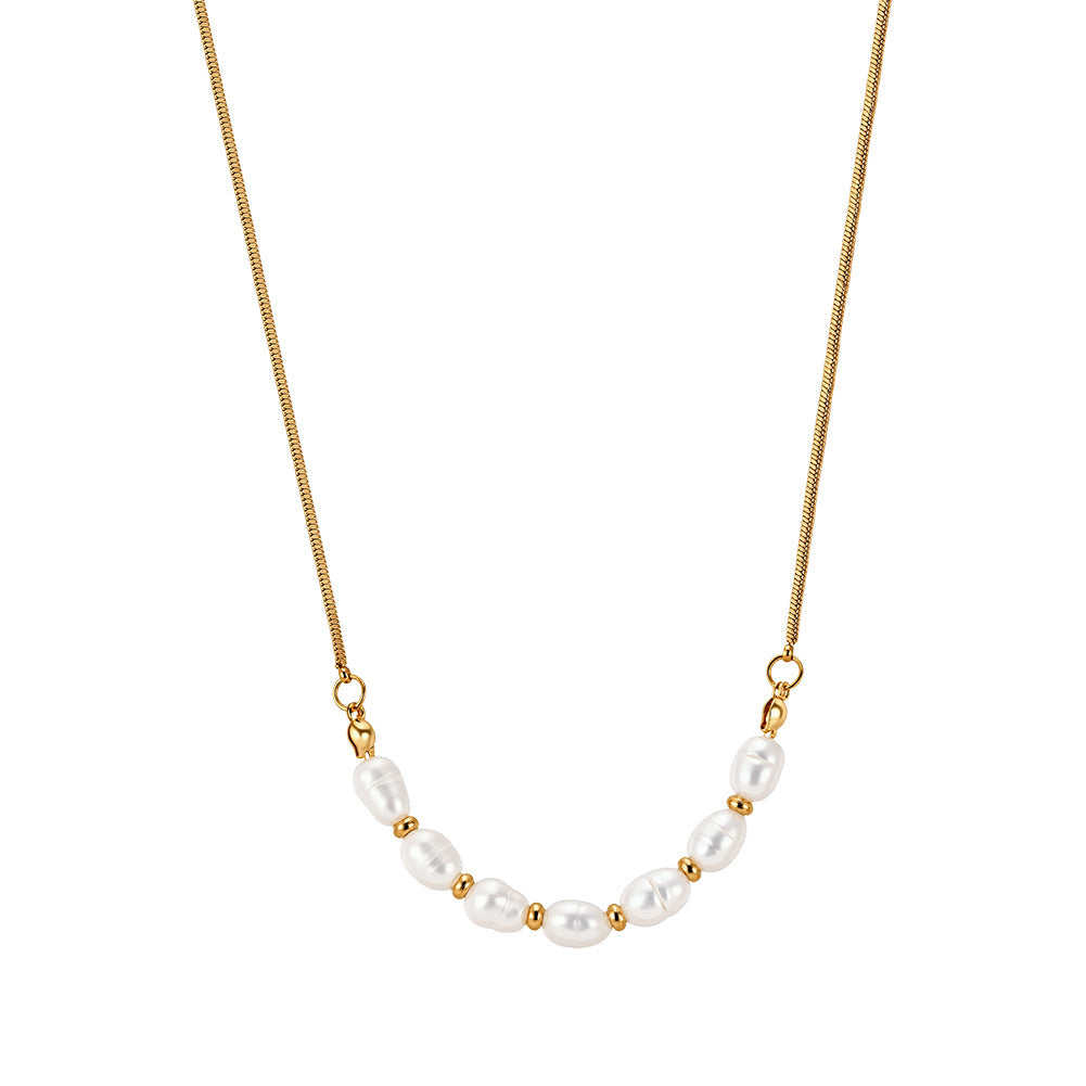 Golden Pearl Harmony Necklace-Natural Freshwater Pearl Stainless Steel Collarbone Chain