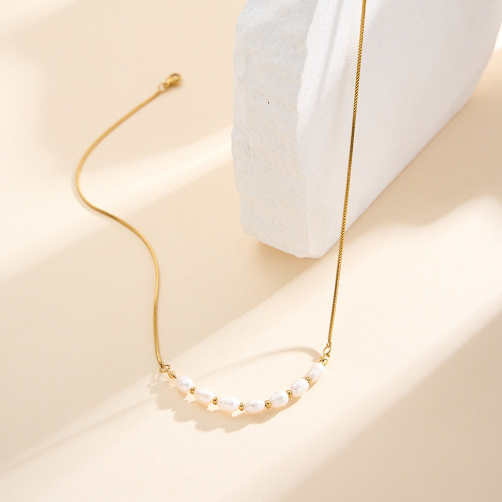 Golden Pearl Harmony Necklace-Natural Freshwater Pearl Stainless Steel Collarbone Chain