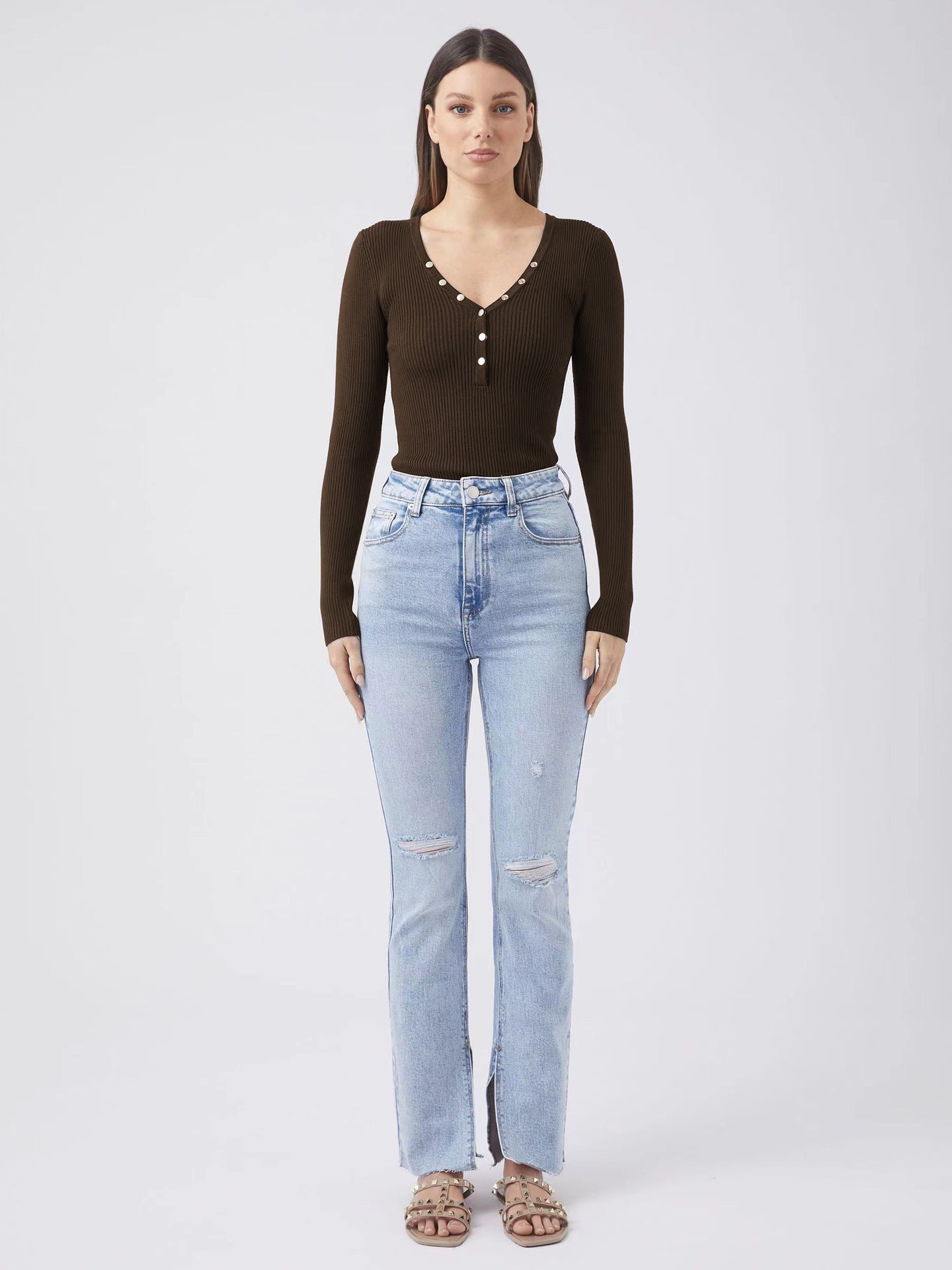 Adiffu Ribbed V-Neck Buttoned Slim-Fit Long Sleeve Tee for Women – Stretchy Casual Basic Layering Top, Figure-Flattering Rib Knit T-Shirt