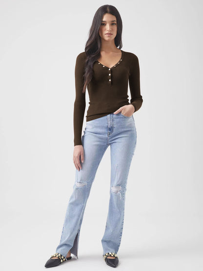 Adiffu Ribbed V-Neck Buttoned Slim-Fit Long Sleeve Tee for Women – Stretchy Casual Basic Layering Top, Figure-Flattering Rib Knit T-Shirt