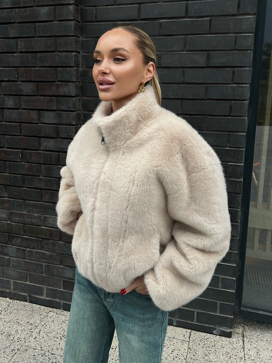 Women’s Warm Stand Collar Zip-Up Faux Fur Jacket