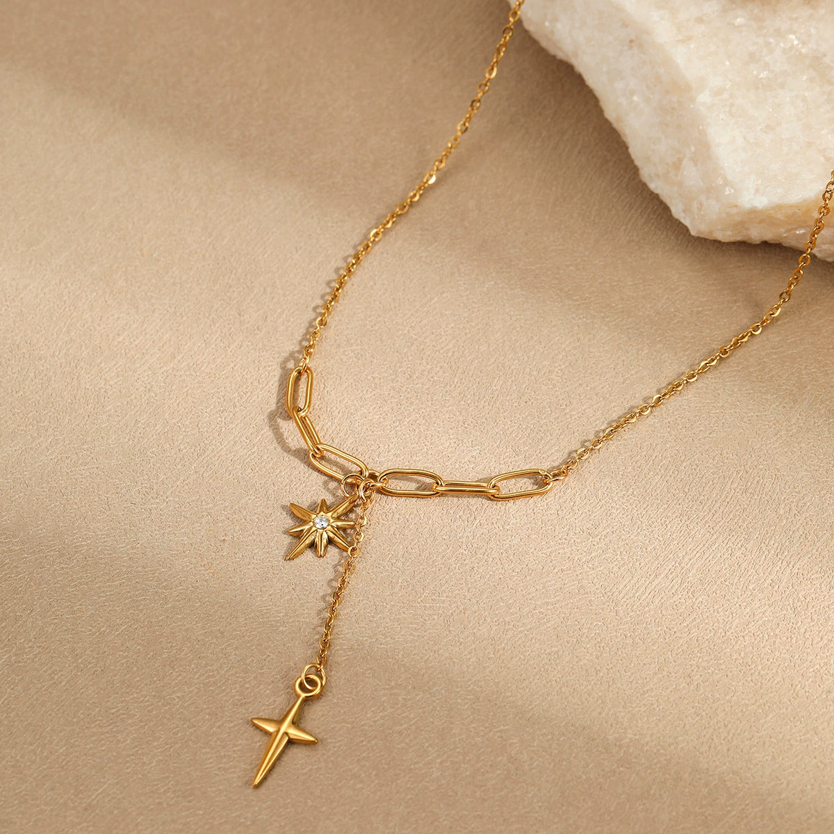 Adiffu Minimalist Diamond-studded Octagonal Star Fringed Cross Pendant Necklace