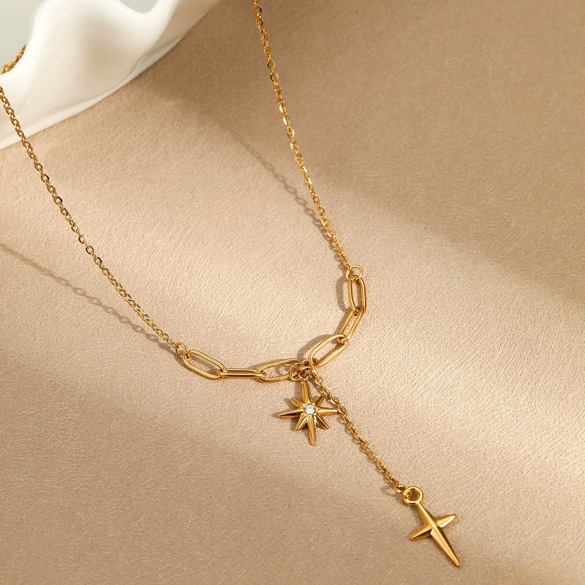 Adiffu Minimalist Diamond-studded Octagonal Star Fringed Cross Pendant Necklace
