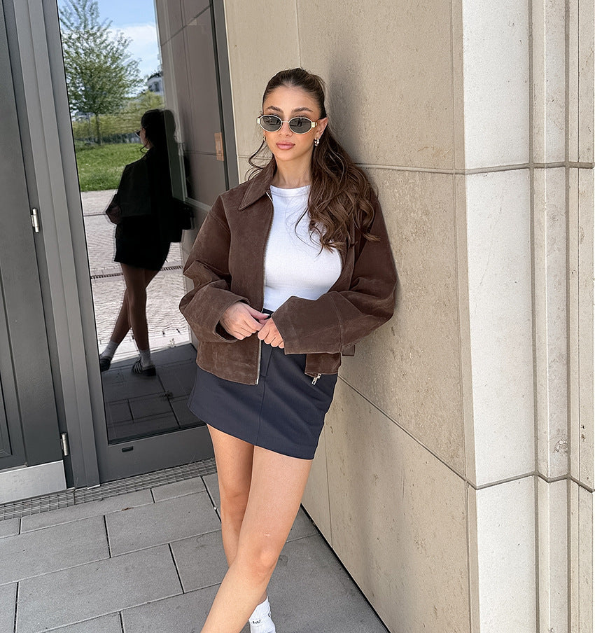 Vintage Brown Suede Lapel Relaxed Jacket