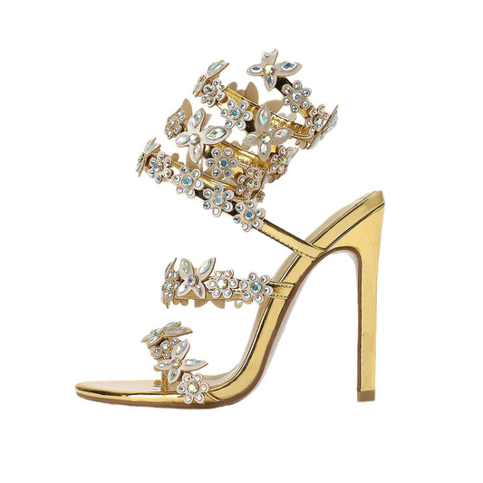 Adiffu Floral Fancy Rhinestone High-heeled Sandals