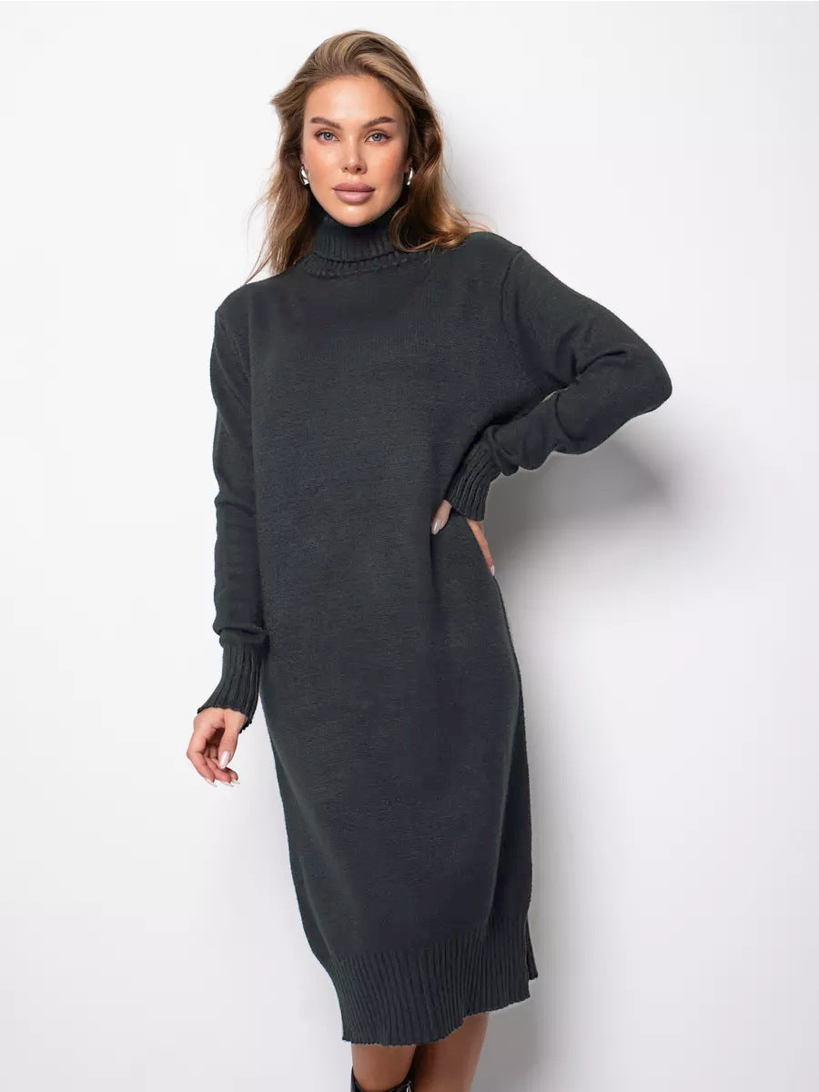 Adiffu Loose Plain-colored Versatile High-neck Knitted Sweater Dress