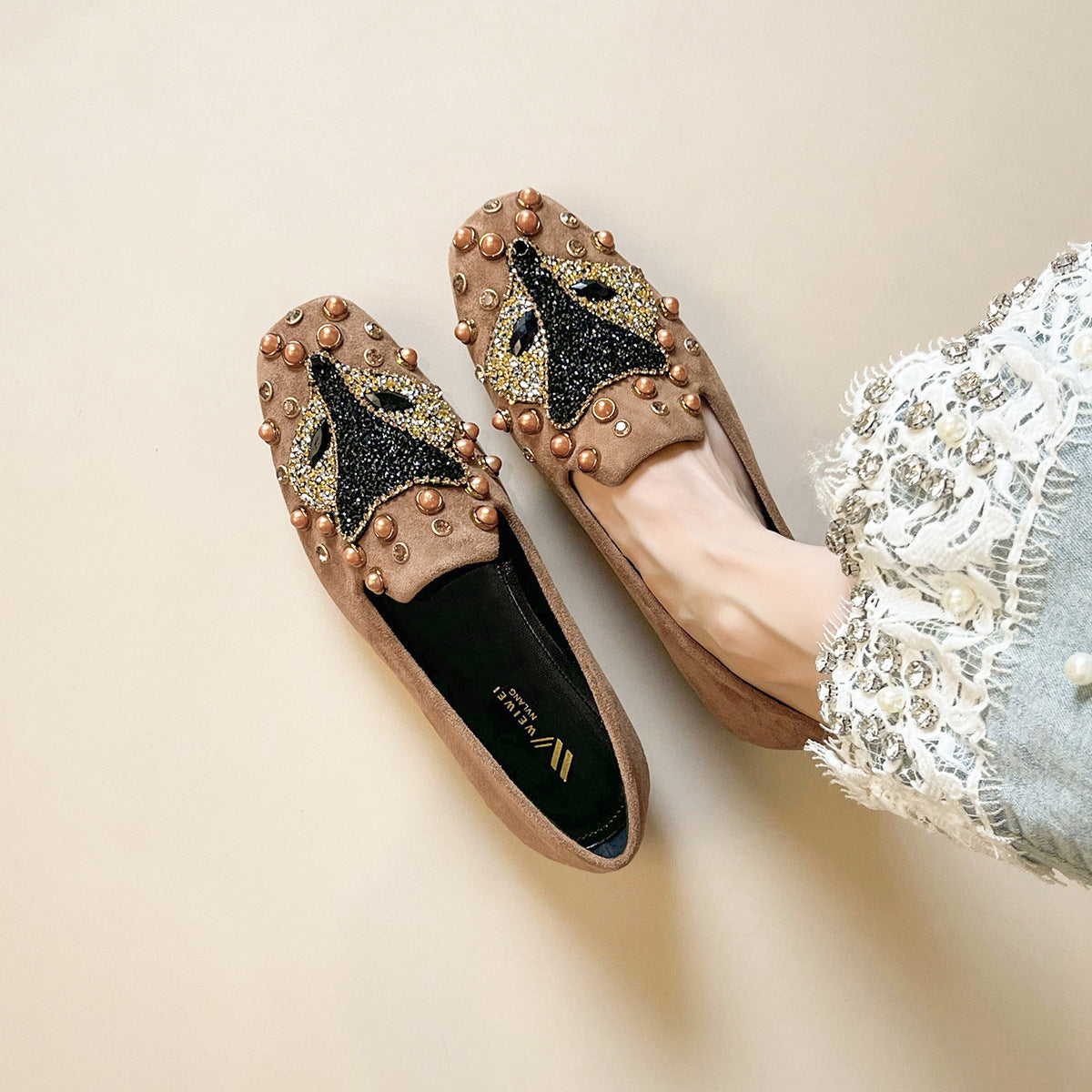 Adiffu Chic Studded Flat Loafers with Soft Comfort Sole