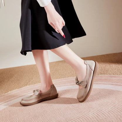 Adiffu Flat Round Head Soft Sole Top Layer Bow Flat Shoes