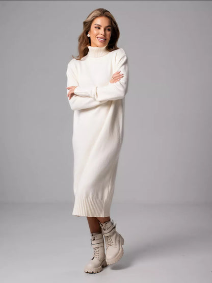 Adiffu Loose Plain-colored Versatile High-neck Knitted Sweater Dress