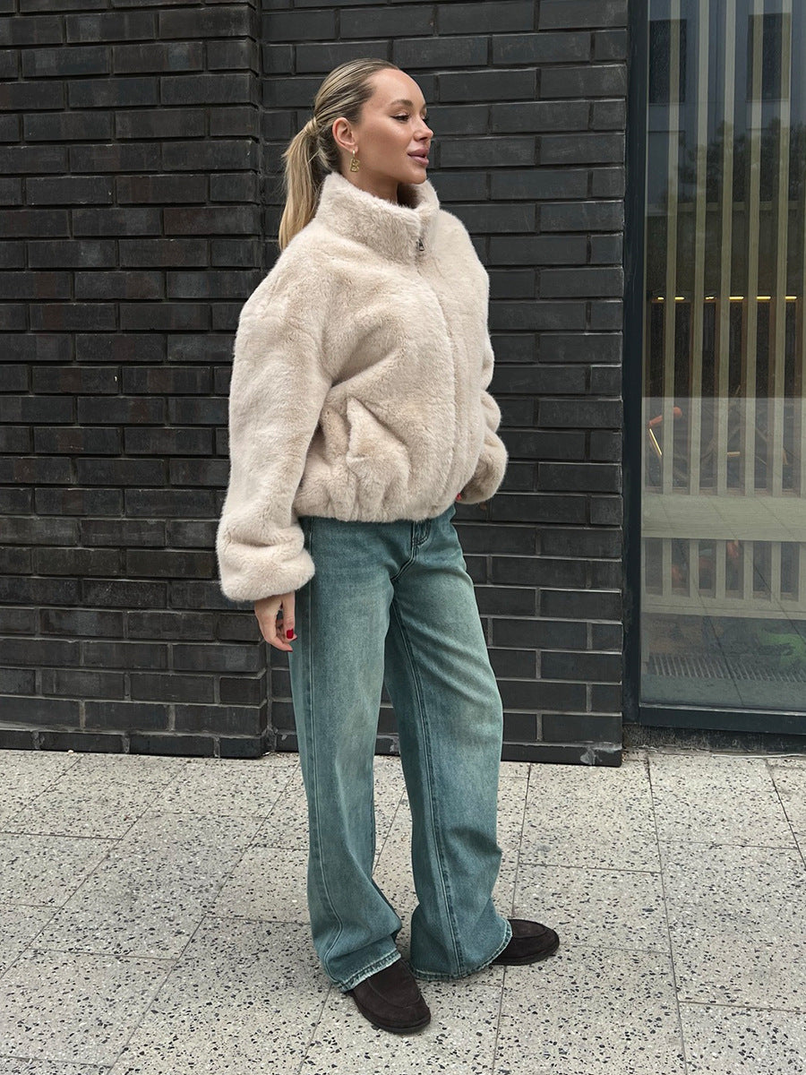 Women’s Warm Stand Collar Zip-Up Faux Fur Jacket