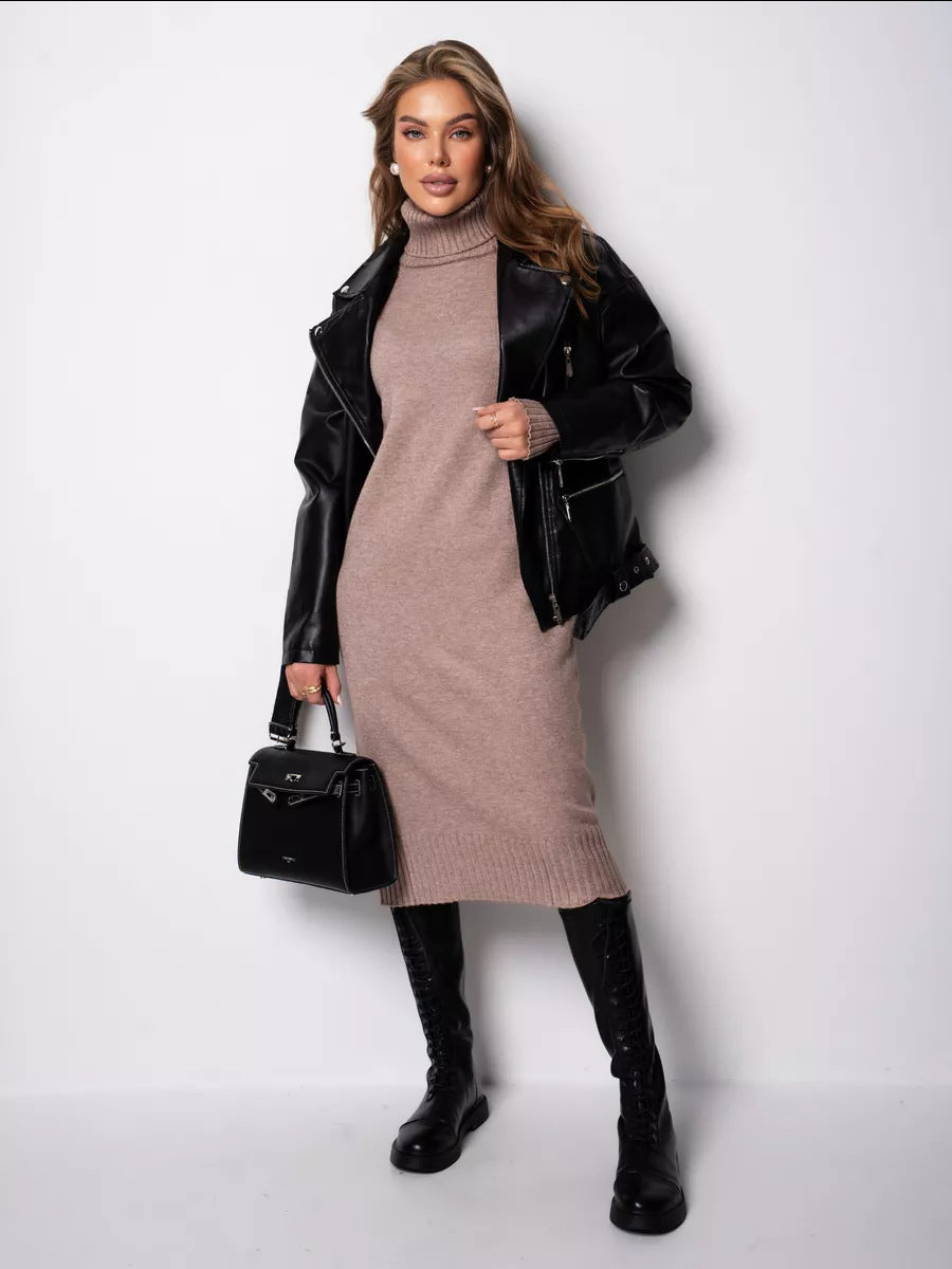 Adiffu Loose Plain-colored Versatile High-neck Knitted Sweater Dress