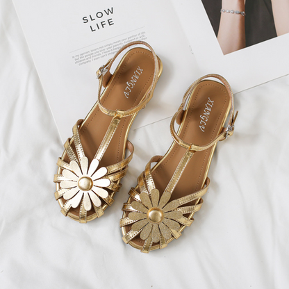 PetalGrace French Floral Low-Heel Sandals