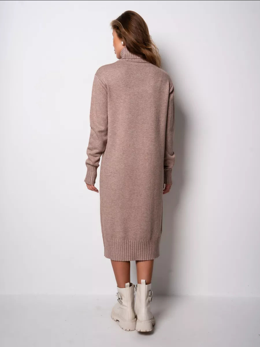 Adiffu Loose Plain-colored Versatile High-neck Knitted Sweater Dress