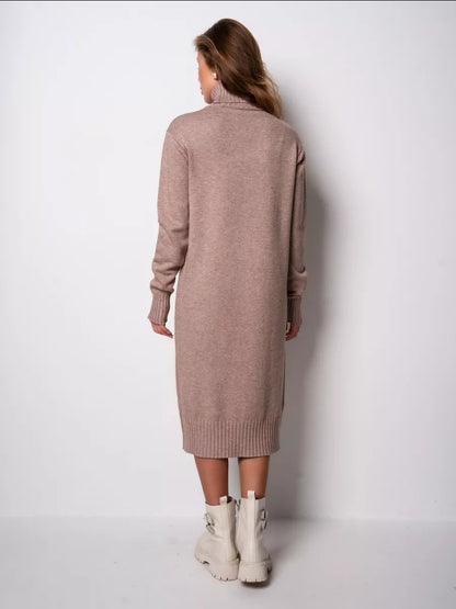 Adiffu Loose Plain-colored Versatile High-neck Knitted Sweater Dress