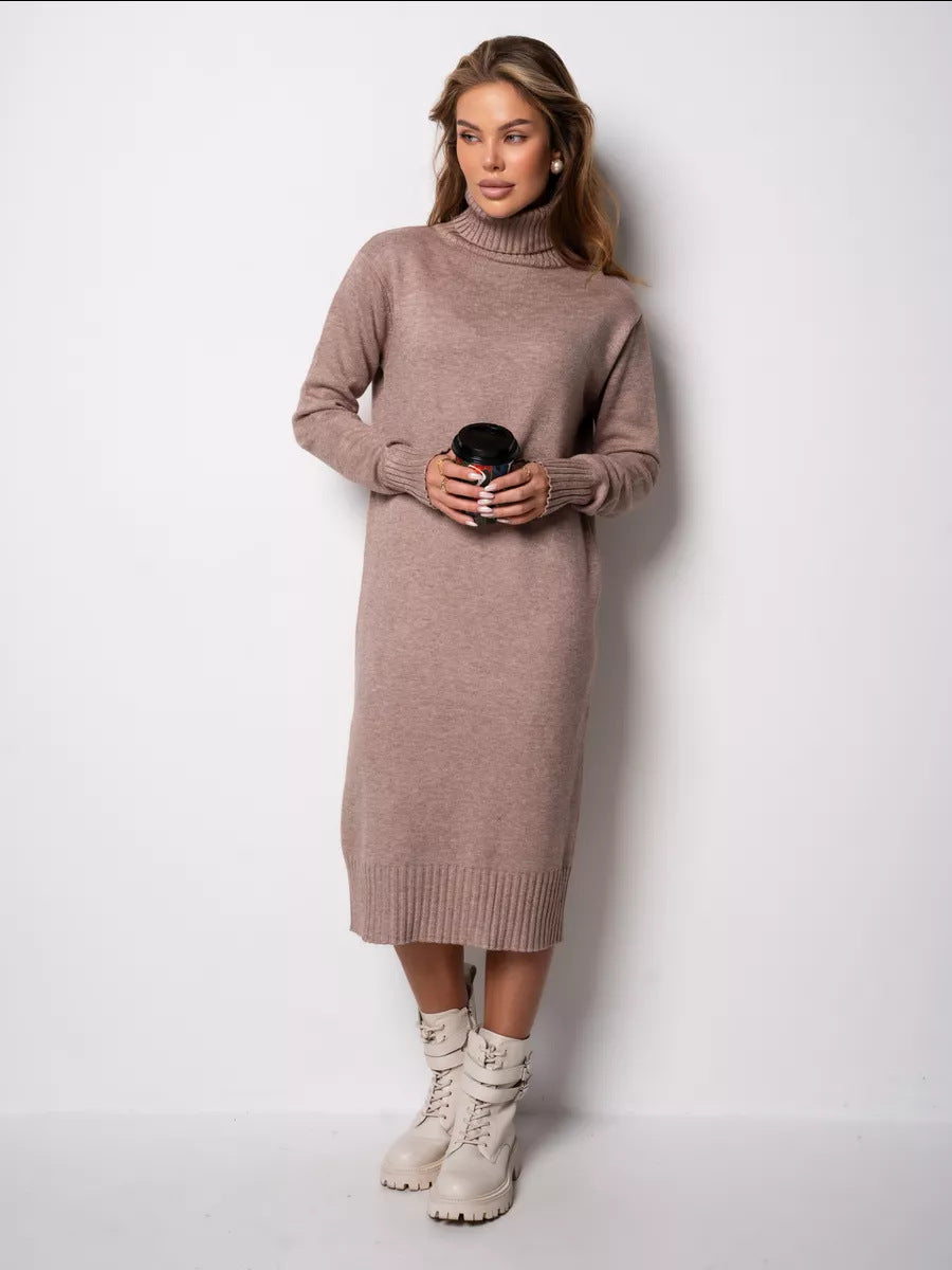 Adiffu Loose Plain-colored Versatile High-neck Knitted Sweater Dress