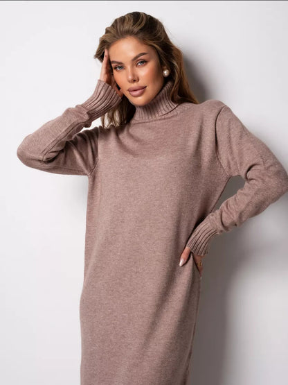 Adiffu Loose Plain-colored Versatile High-neck Knitted Sweater Dress