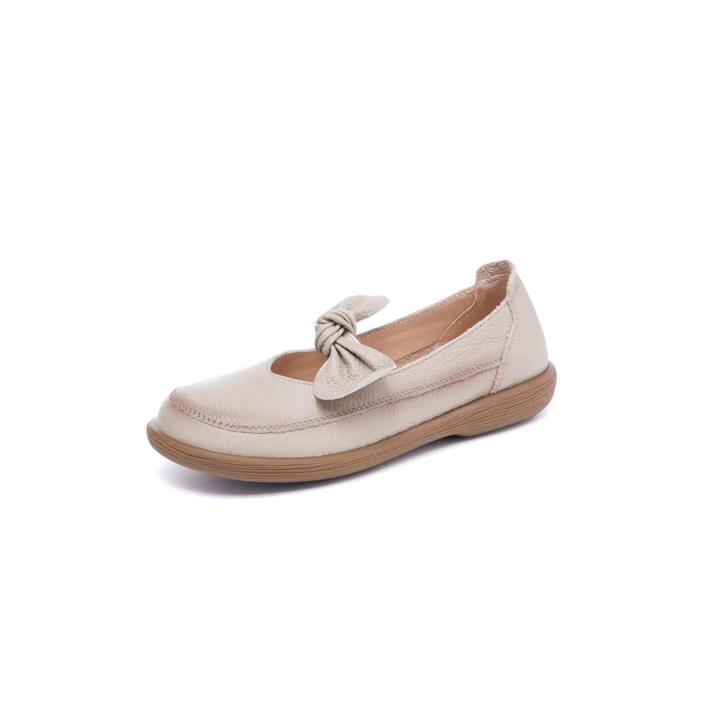 Adiffu Flat Round Head Soft Sole Top Layer Bow Flat Shoes