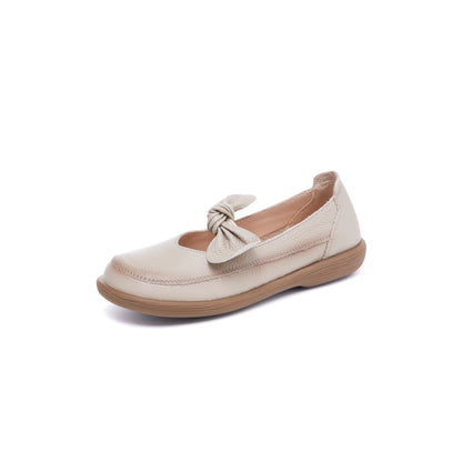 Adiffu Flat Round Head Soft Sole Top Layer Bow Flat Shoes