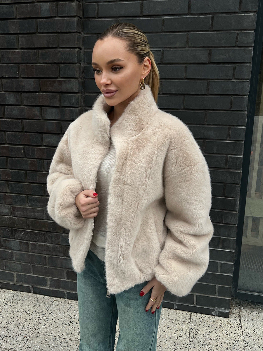 Women’s Warm Stand Collar Zip-Up Faux Fur Jacket