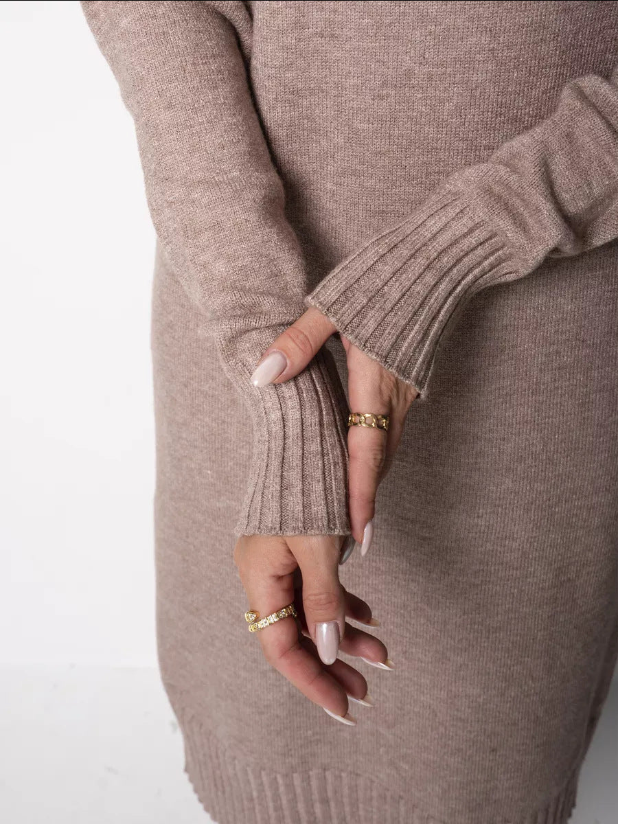 Adiffu Loose Plain-colored Versatile High-neck Knitted Sweater Dress