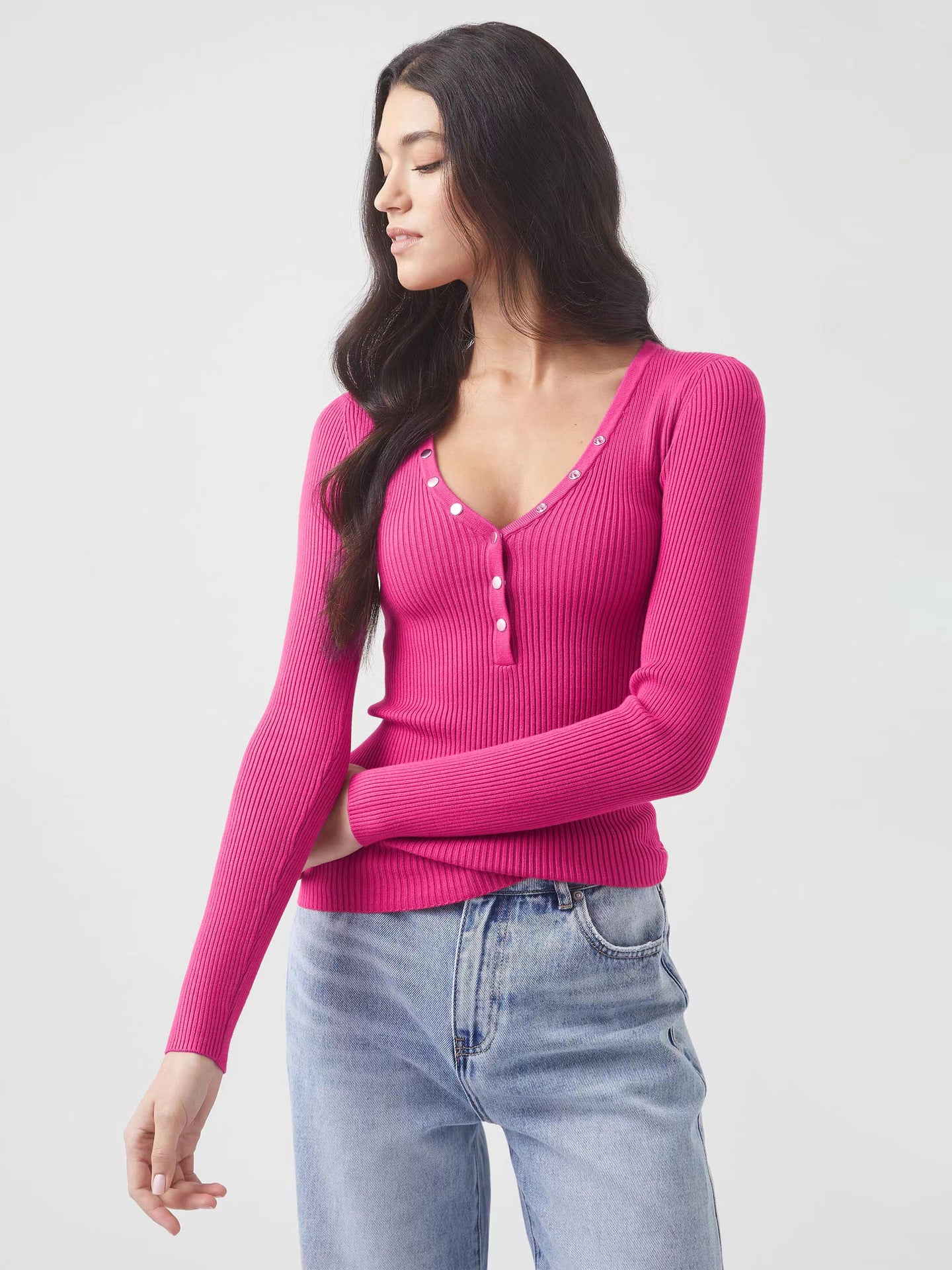 Adiffu Ribbed V-Neck Buttoned Slim-Fit Long Sleeve Tee for Women – Stretchy Casual Basic Layering Top, Figure-Flattering Rib Knit T-Shirt