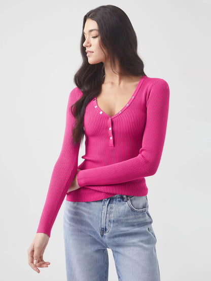 Adiffu Ribbed V-Neck Buttoned Slim-Fit Long Sleeve Tee for Women – Stretchy Casual Basic Layering Top, Figure-Flattering Rib Knit T-Shirt