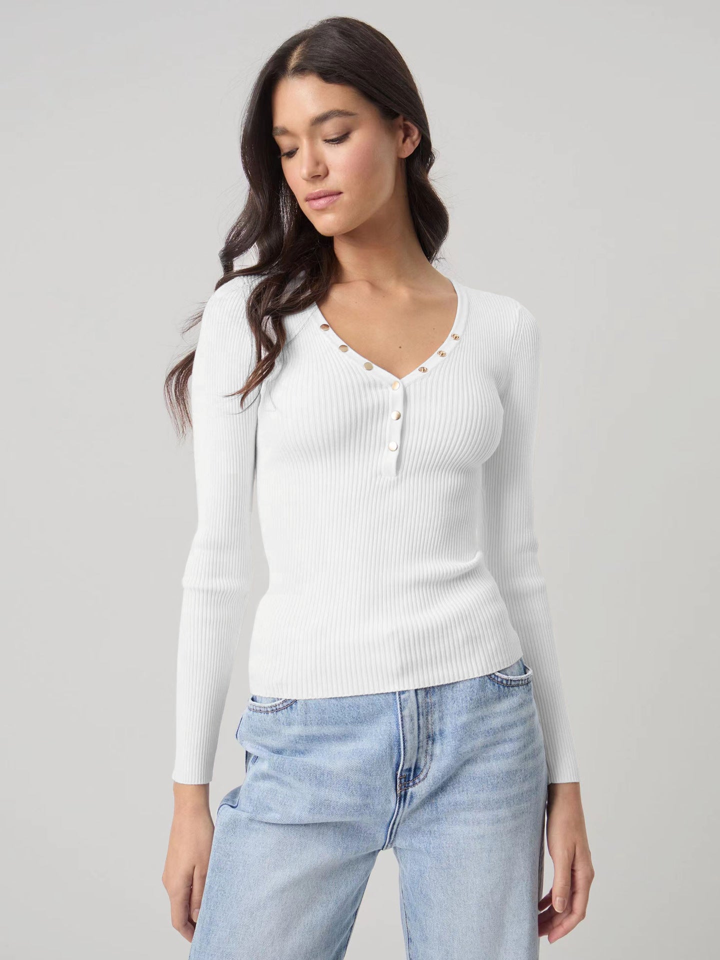 Adiffu Ribbed V-Neck Buttoned Slim-Fit Long Sleeve Tee for Women – Stretchy Casual Basic Layering Top, Figure-Flattering Rib Knit T-Shirt