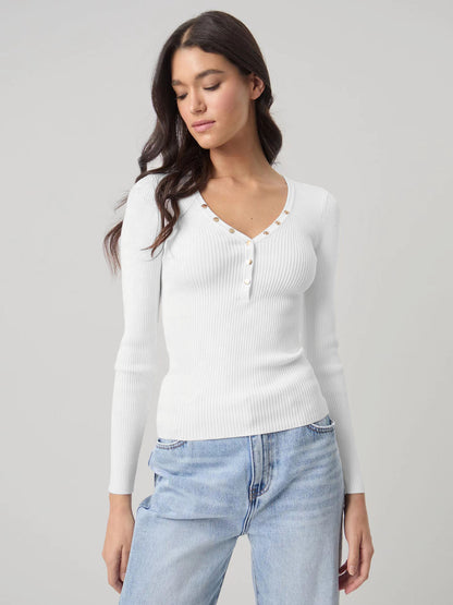 Adiffu Ribbed V-Neck Buttoned Slim-Fit Long Sleeve Tee for Women – Stretchy Casual Basic Layering Top, Figure-Flattering Rib Knit T-Shirt