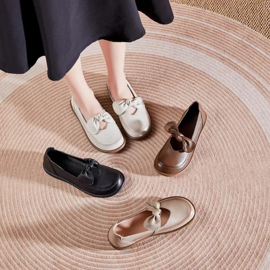 Adiffu Flat Round Head Soft Sole Top Layer Bow Flat Shoes