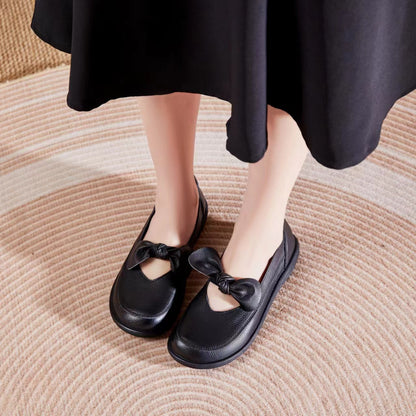 Adiffu Flat Round Head Soft Sole Top Layer Bow Flat Shoes