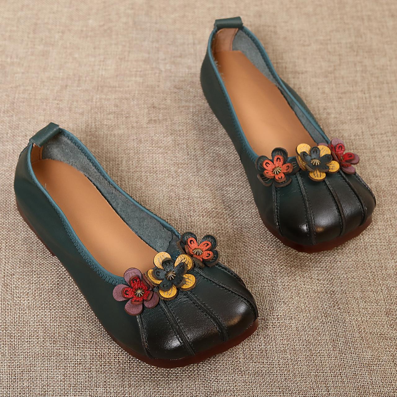 Adiffu Handmade Cowhide Flower Ethnic Style Women's Shoes