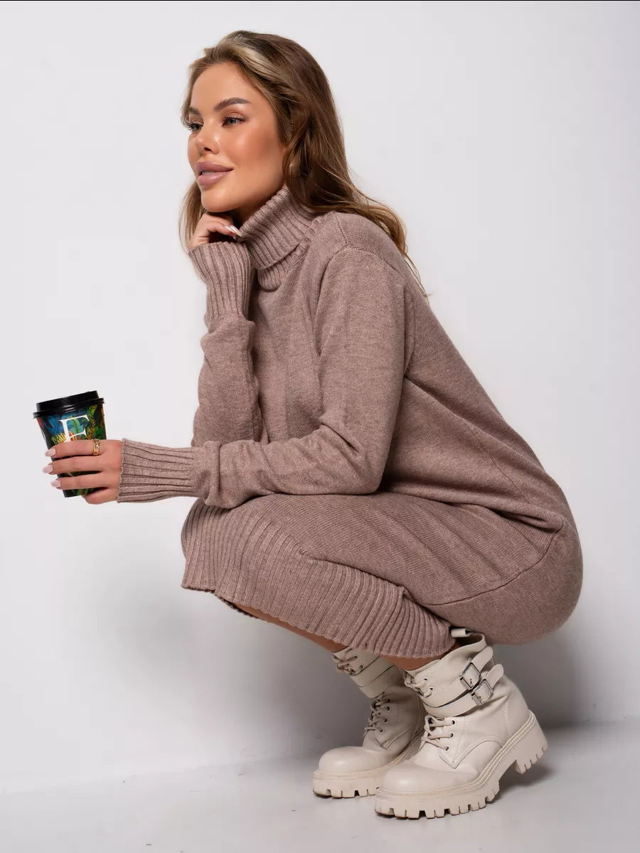Adiffu Loose Plain-colored Versatile High-neck Knitted Sweater Dress