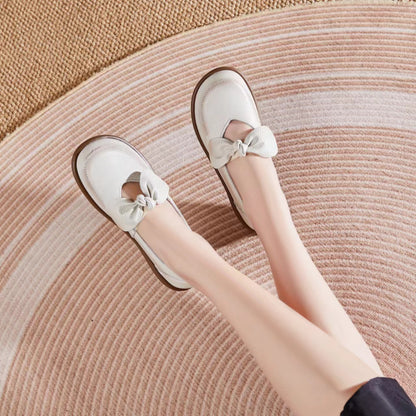 Adiffu Flat Round Head Soft Sole Top Layer Bow Flat Shoes
