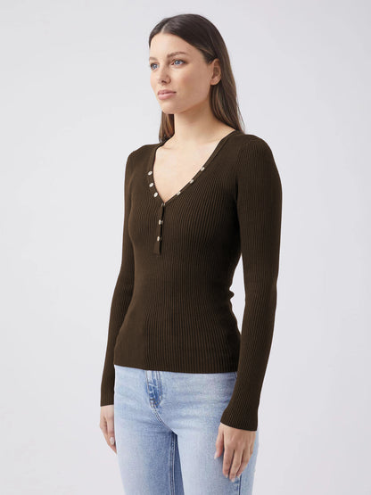 Adiffu Ribbed V-Neck Buttoned Slim-Fit Long Sleeve Tee for Women – Stretchy Casual Basic Layering Top, Figure-Flattering Rib Knit T-Shirt