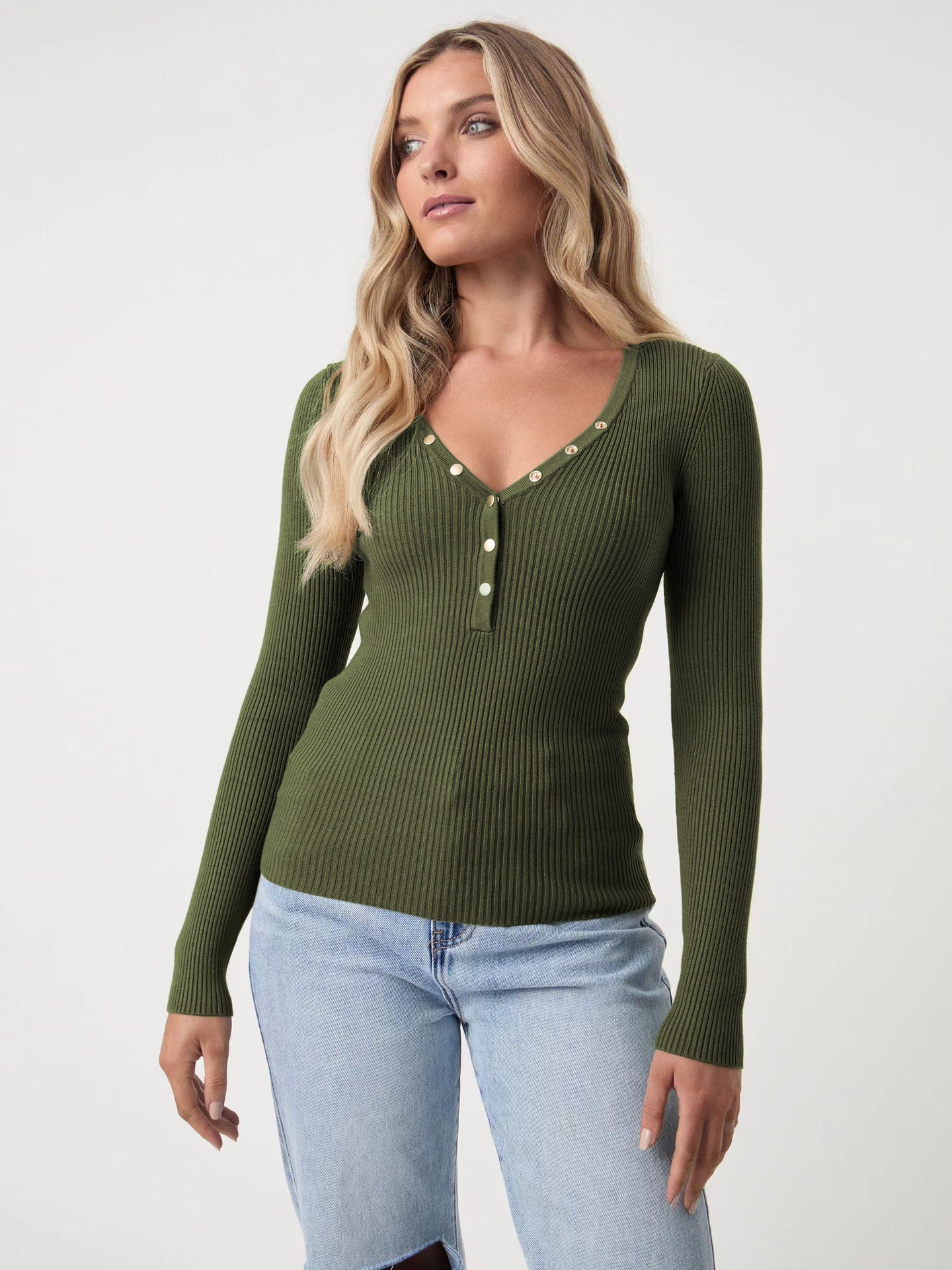 Adiffu Ribbed V-Neck Buttoned Slim-Fit Long Sleeve Tee for Women – Stretchy Casual Basic Layering Top, Figure-Flattering Rib Knit T-Shirt