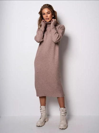 Adiffu Loose Plain-colored Versatile High-neck Knitted Sweater Dress