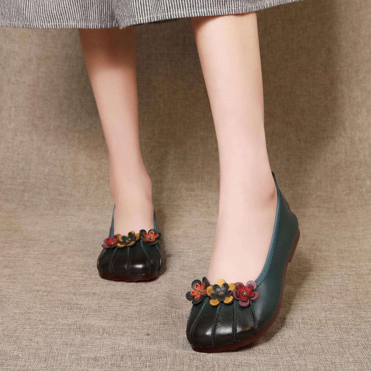 Adiffu Handmade Cowhide Flower Ethnic Style Women's Shoes