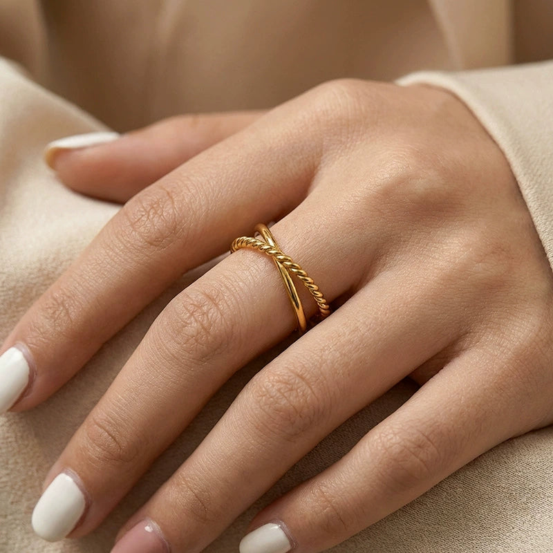 Luxury Twisted Crossover Open Ring for Women-18K Gold Plated 316L Stainless Steel Jewelry