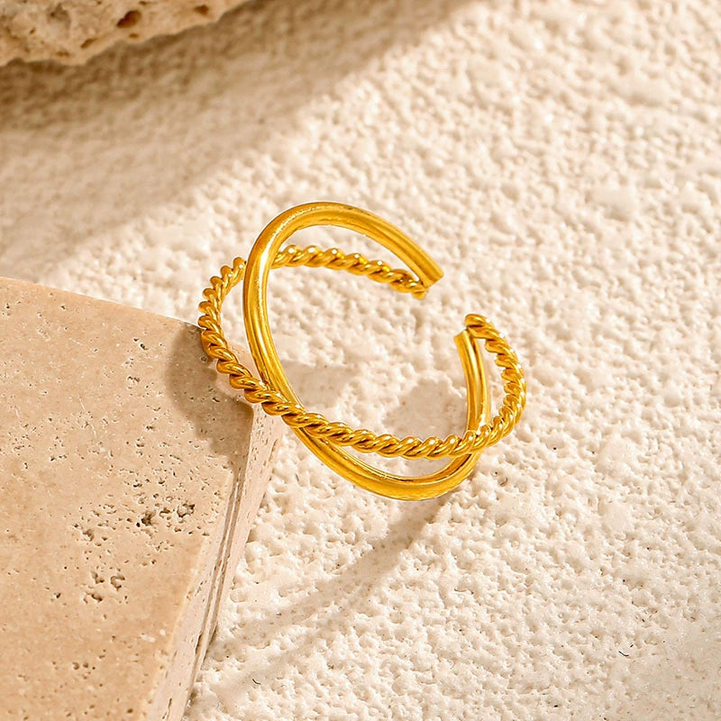 Luxury Twisted Crossover Open Ring for Women-18K Gold Plated 316L Stainless Steel Jewelry