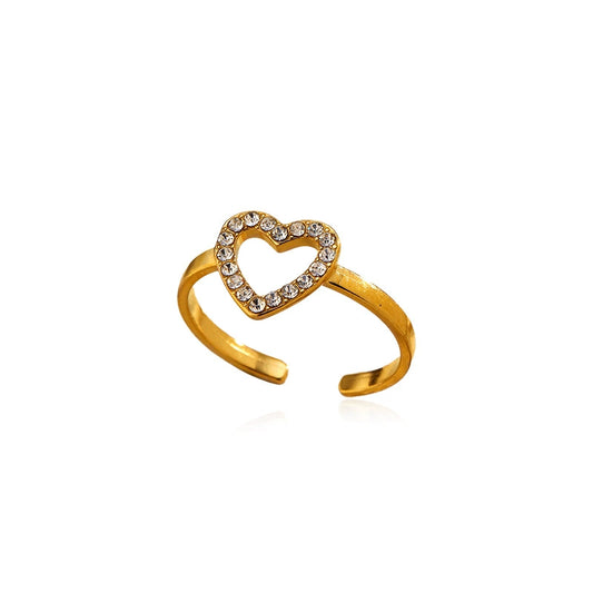 Luxury Heart Zircon Open Ring for Women-18K Gold Plated 316L Stainless Steel Jewelry