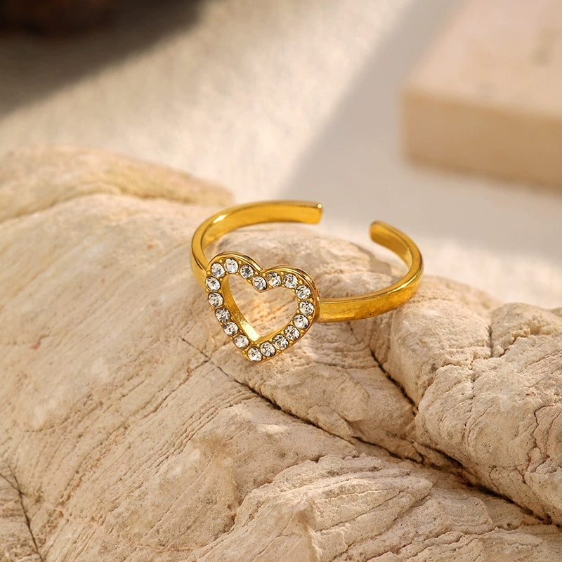 Luxury Heart Zircon Open Ring for Women-18K Gold Plated 316L Stainless Steel Jewelry