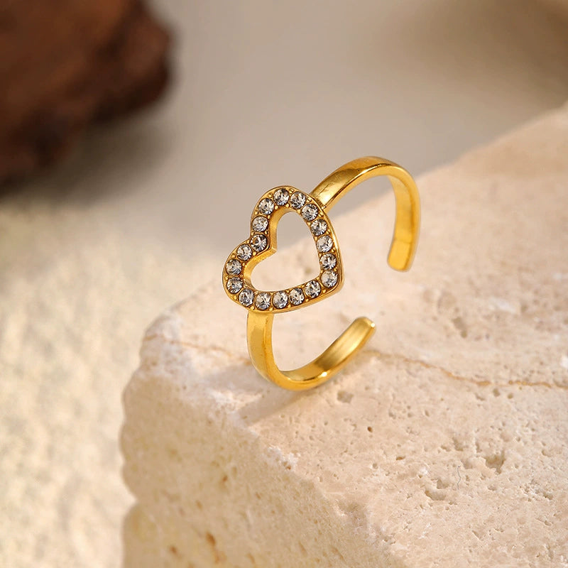 Luxury Heart Zircon Open Ring for Women-18K Gold Plated 316L Stainless Steel Jewelry
