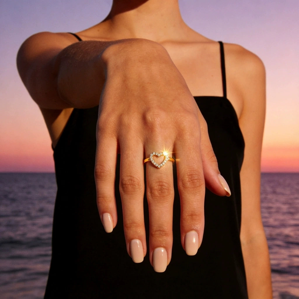 Luxury Heart Zircon Open Ring for Women-18K Gold Plated 316L Stainless Steel Jewelry