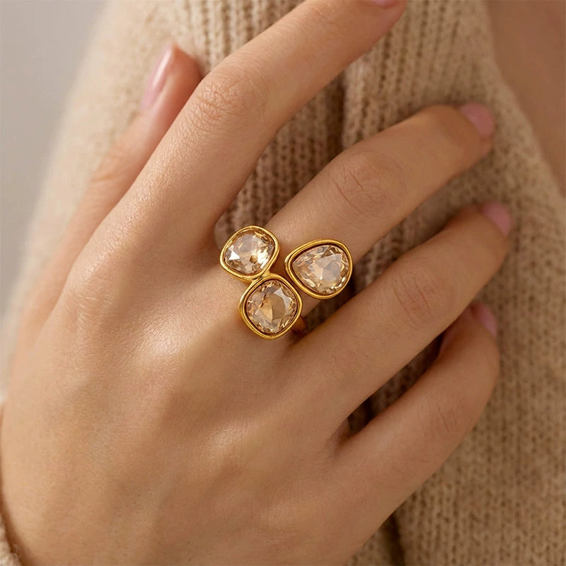 Luxury Zircon Statement Ring for Women-18K Gold Plated Stainless Steel Jewelry