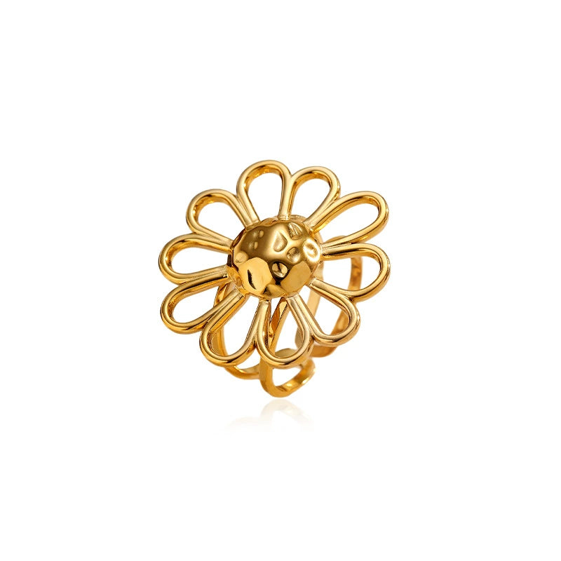 Luxe Gold Floral Open Ring-Stainless Steel Statement Jewelry for Women