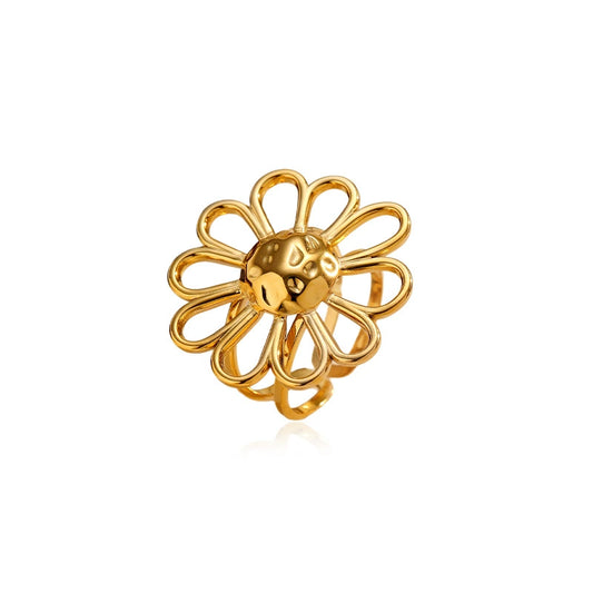 Luxe Gold Floral Open Ring-Stainless Steel Statement Jewelry for Women