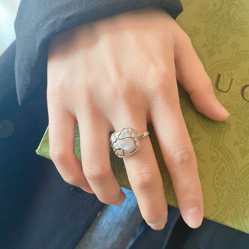 Luna Baroque Pearl Open Ring-S925 Sterling Silver
