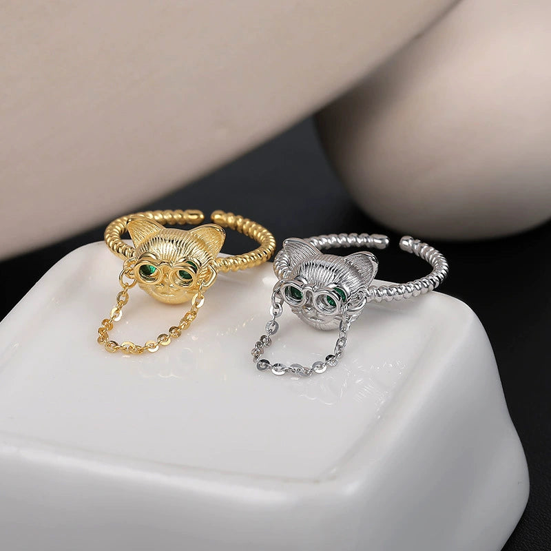 Whisker Charm Cat Ring-S925 Sterling Silver Adjustable Ring
